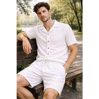 Erkek Waffle Kumaş Kısa Kollu Gömlek Şort Takım Regular Fit Yazlık İkili Set - Beyaz