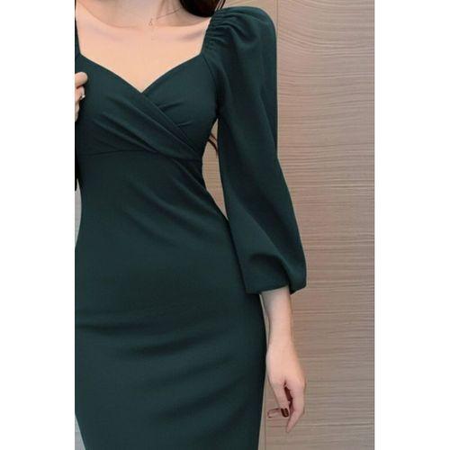 Kadın Uzun Kollu Kalp Yakalı Midi Ithal Krep Elbise