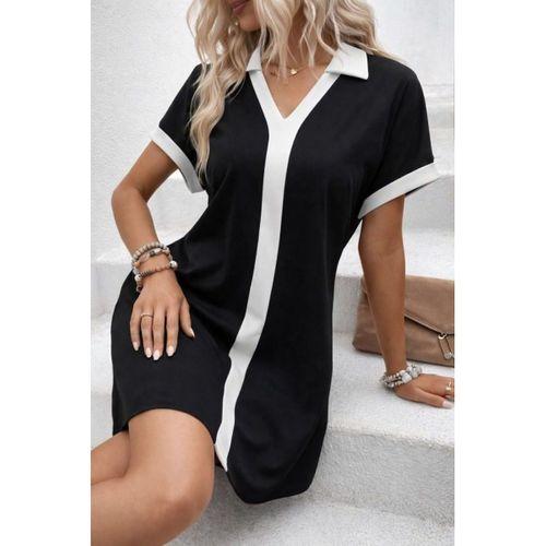 Kadın Kısa Kollu V Yakalı Onden şerit Detaylı Yakalı Kısa Janjan Krep Elbise