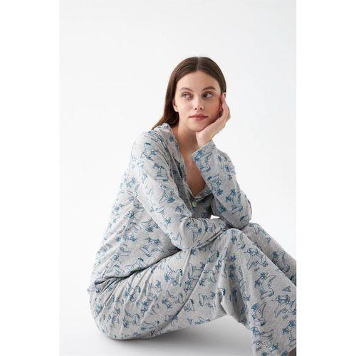 Kadın Gri Desenli Düğmeli Pamuklu Pijama Takımı