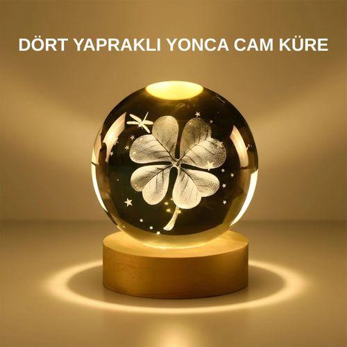 Dekoratif Yonca Görünümlü Işıklı Kristal Cam Küre Usb Masa Gece Lambası