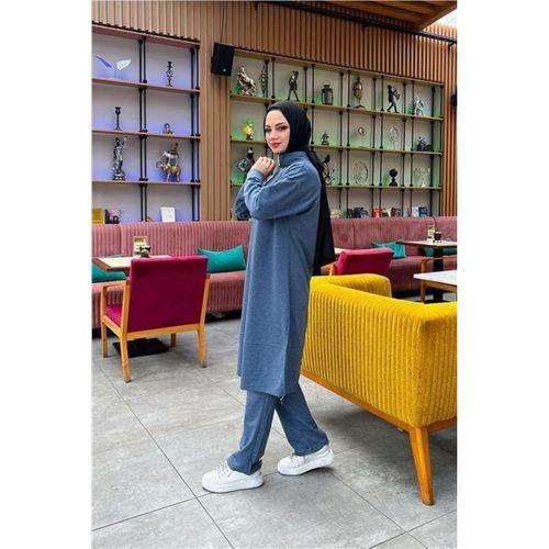 Dik Yaka Kısa Fermuarlı Yırtmaçlı Sade Basic Uzun Tunik ve Pantolon İkili Spor Takım - 03062.006 - İndigo