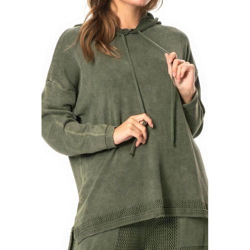 Uzun Kol Kapüşonlu Fileli Sonbahar ve Kışlık Triko Bluz Haki Hk