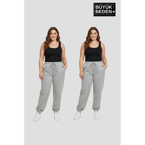 Kadın Büyük Beden İkili Jogger Paça Lastikli İnce Eşofman Altı Seti SPR26BEA951+2
