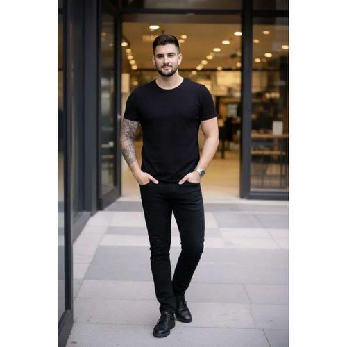 Erkek T-Shirt Bisiklet Yaka Slim Fit Dar Kesim Likralı Tişört Günlük Basic Body - Siyah