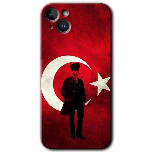 Potkal Hediye Fabrikası iPhone 14 HD Baskılı Kılıf + 9D Tam Ekran Koruyucu - Atatürk Bayrak
