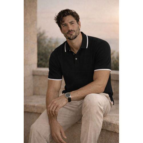 Balzac Yakası Şeritli Düğmeli Polo Yaka Basic Günlük Petek Örgü Triko Erkek T-Shirt - Siyah