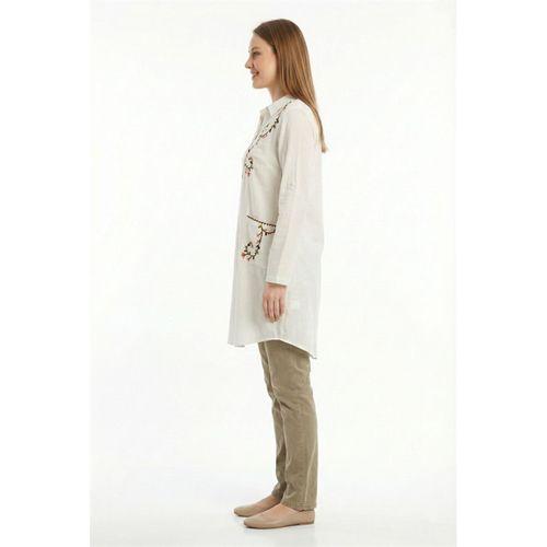 Uzun Kol Sevim Düğmeli Klasik Yaka Çift Cepli Şile Bezi Nakışlı Tunik Krem Krm