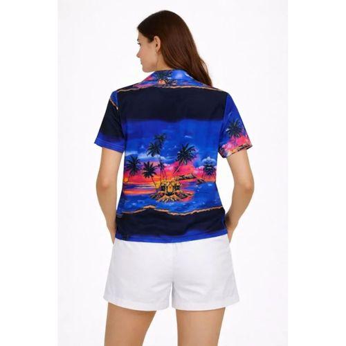 Gün Batımı Tropikal Desenli Kısa Kol Gömlek Şort Takım Yazlık Rahat Kalıp - Desenli