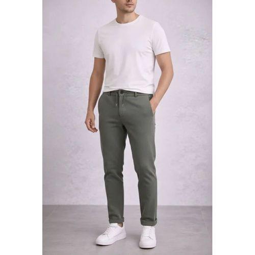 Erkek Diagonel Mikro Dokulu Duble Paça Cepli Pantolon Bağcıklı Bel, Modern Kesim - Haki