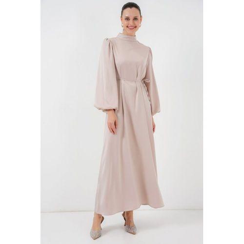 2510 Saten Tesettür Abiye Elbise - M. Krem