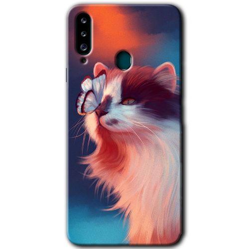 Samsung Galaxy A20s Kılıf Baskılı Kapak - Cat Butterfly + 5D Tam Kaplayan Cam