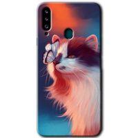 Samsung Galaxy A20s Kılıf Baskılı Kapak - Cat Butterfly + 5D Tam Kaplayan Cam