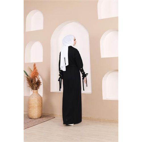Belden Bağlamalı Çıtçıtlı Kol Şerit Detaylı Uzun Elbise - 71183.003 - Siyah