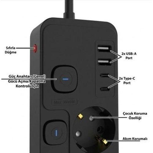 Akım Korumalı 4’lü Priz 2xusb 2xtype-c Çıkış Yüksek Gerilim Koruma Priz Çoğaltıcı