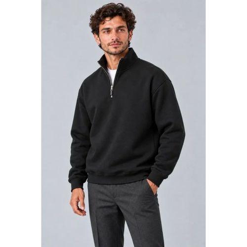 Erkek Üç İplik İçi Şardonlu Dik Yaka Yarım Fermuarlı Kışlık Sweatshirt - Siyah