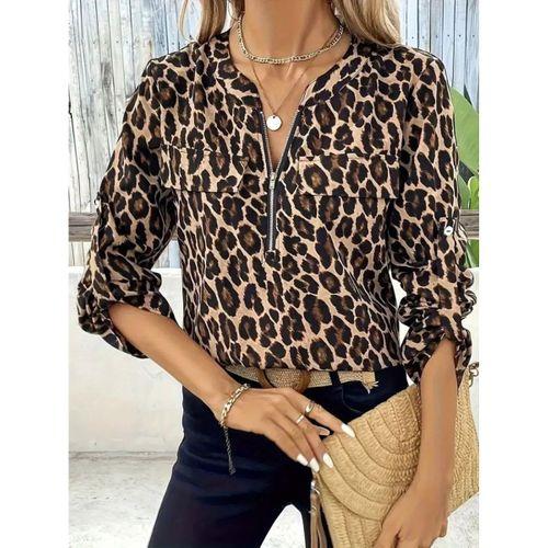 Kadın Uzun Kollu önden Fermuarlı Leopar Desenli Modal Bluz
