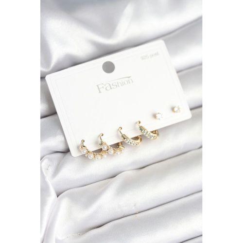 Pirinç Gold Renk Zirkon Taşlı ve İncili Model 925 Ayar Gümüş Çivi Kadın Küpe Seti