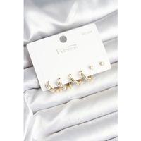 Pirinç Gold Renk Zirkon Taşlı ve İncili Model 925 Ayar Gümüş Çivi Kadın Küpe Seti