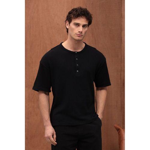 Roth Relaxed Fit Günlük Henley Yaka Waffle Kumaş Yazlık Kısa Kollu T-Shirt - Siyah