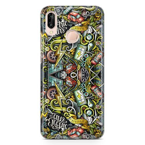 Huawei P20 Lite Kılıf Elektrikli Araba Doodle Arka Kapak Koruma Desenli Full Koruyucu