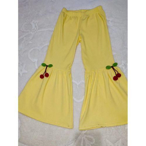 1-2-3-4 Yaş Kiraz Baskılı Tişört İspanyol Paçalı Likralı 2li Kız Çocuk Takımı Sarı