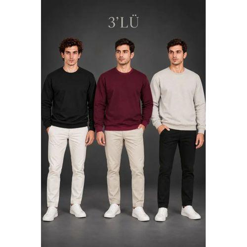 Erkek 3Lü Bisiklet Yaka İçi Şardonlu 2 İplik Düz Uzun Kollu Regular Fit Sweatshirt - Siyah - Bordo - Gri