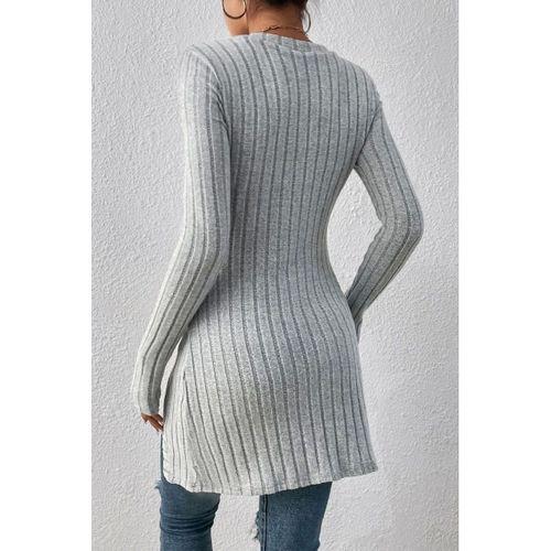 Kadın Gri Düğme Detaylı Kare Yaka Fitilli Asimetrik Etekli Uzun Kollu Bluz Premium Stil