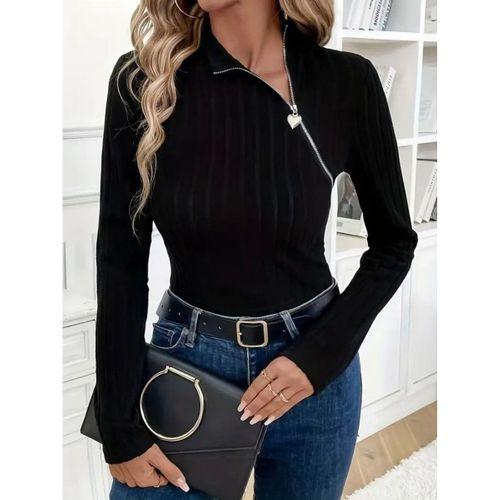 Kadın Uzun Kollu Balıkçı Yaka Fermuarlı Kaşkorse Bluz