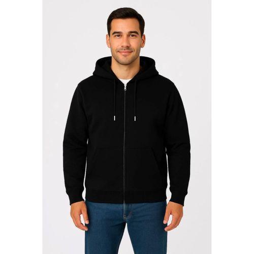 Erkek Üç İplik Kapüşonlu Tam Fermuarlı Kanguru Çepli SweatShirt Hoodie - Siyah