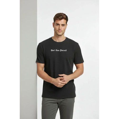 Erkek Wafıl Kumaş Tişört Regular Kalıp Bisiklet Yaka Baskılı Günlük Basic T-Shirt - Siyah