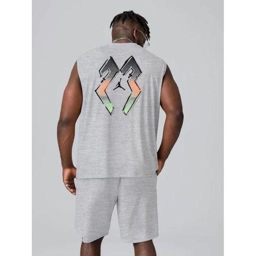 Erkek Sırt Baskılı Sıfır Kol İkili Şort Takım - Gri