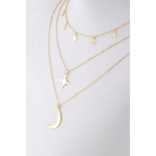 Altın Renk Kutup Yıldızı Ve Hilal Figürlü Çok Katmanlı Kombin Kolye