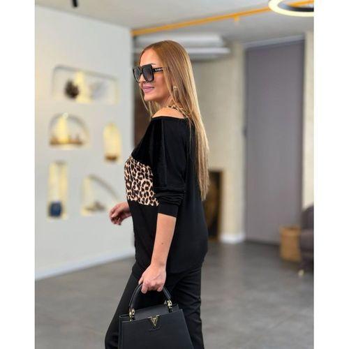 Kadın Kadife Kumaş Leopar Desenli Omuz Detay Uzun Kollu Bluz