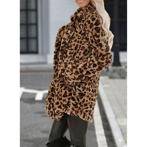 Kadın Uzun Kollu Yakalı Cepli Kısa Peluş Leopar Kaban