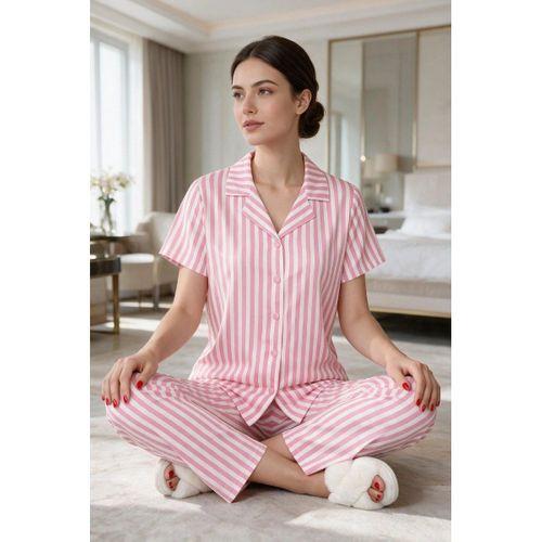 Kadın Pijama Takımı - Pembe Beyaz Çizgili Kısa Kollu Düğmeli Milan Kumaş