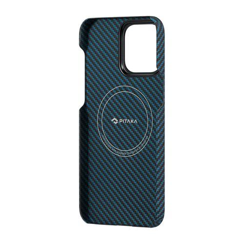 Apple iPhone 15 Pro Kılıf M-safe Şarj Özellikli 1500D Aramid Fiber Pitaka Ultra-Slim Classic Serisi Black-Blue Twill Kapak