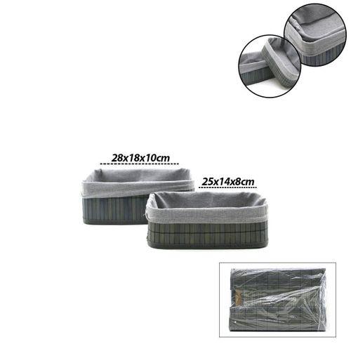 Gri Bambu Kenarlı Dikdörtgen Organizer Sepet (25x14 / 28x18 cm) - Ahşap Taban, Bezli