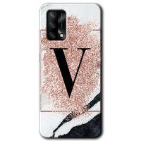 Oppo A74 Kılıf HD Desen Baskılı Arka Kapak + Temperli Cam - Pembe Mermer Desenli V Harfi