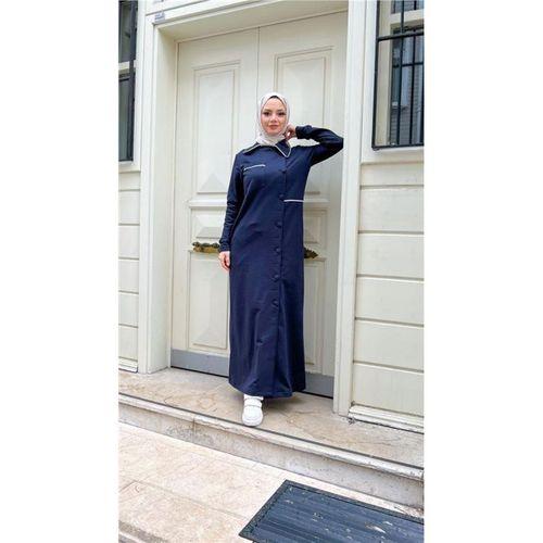 Yakalı Cepli Yandan Düğmeli Pamuklu Uzun Ferace - 71176.015 - Lacivert