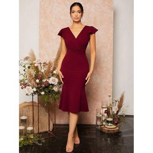 Kadın Kısa Kelebek Kollu Kruvaze Yaka Ithal Krep Midi Elbise