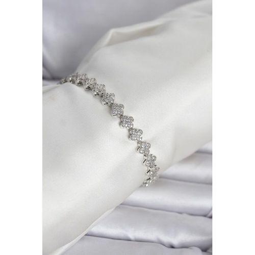 Pirinç Gümüş Renk Yonca Model Sıralı Zirkon Taşlı Kadın Bileklik