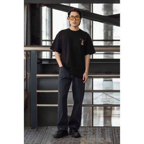 Cep Baskılı İki İplik Kumaş Pamuklu Oversize Erkek T-Shirt - Siyah