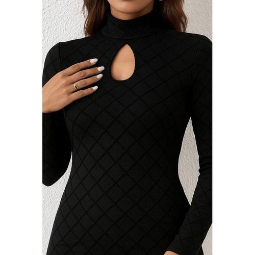 Kadın Uzun Kollu Damla Detay Flok Baskı Dalgıç Mini Elbise