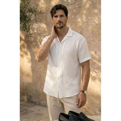 Yarım Oversize Apaş Yaka Kısa Kol Müslin Kumaş Erkek Gömlek - Beyaz