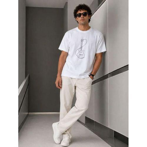 Erkek Minimal Gitar Baskılı Tişört T-Shirt Yazlık Kısa Kol Bisiklet Yaka T-Shirt - Beyaz