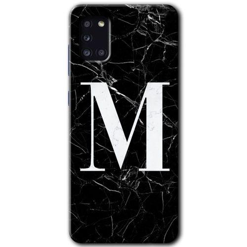 Samsung Galaxy A31 HD Baskılı Kılıf + 9D Tam Ekran Koruyucu - Siyah Mermer Desenli M Harfi