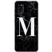 Samsung Galaxy A31 HD Baskılı Kılıf + 9D Tam Ekran Koruyucu - Siyah Mermer Desenli M Harfi
