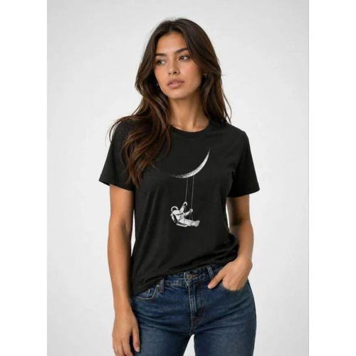 Astronot Ay Temalı Tişört Kısa Kol Yazlık Bisiklet Yaka T-Shirt - Siyah