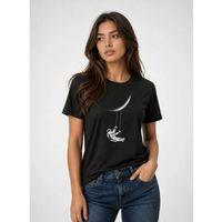 Astronot Ay Temalı Tişört Kısa Kol Yazlık Bisiklet Yaka T-Shirt - Siyah